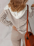 Striped V - Neck Long Sleeve Knit Hoodie - CELIVINE