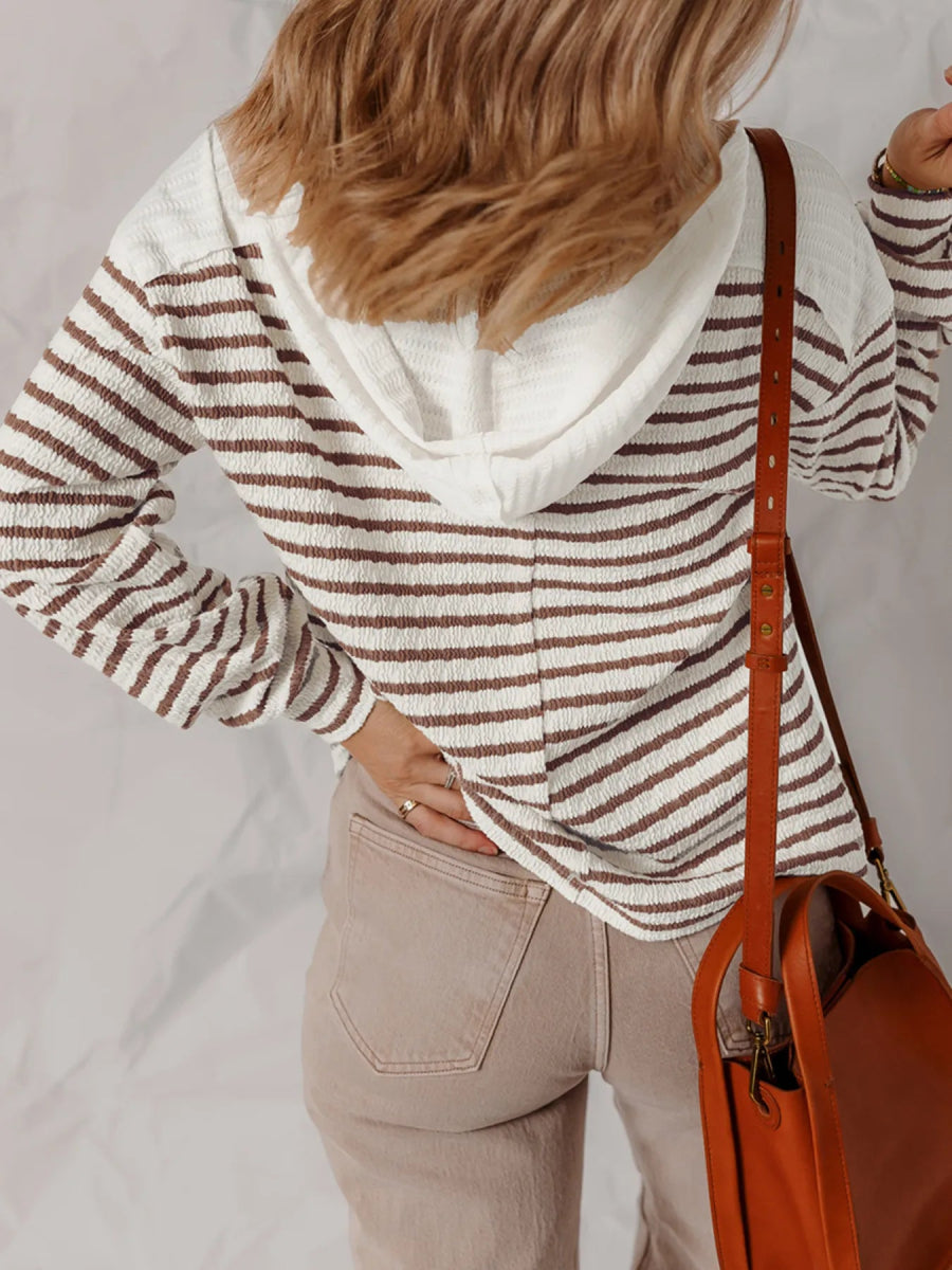 Striped V - Neck Long Sleeve Knit Hoodie - CELIVINE