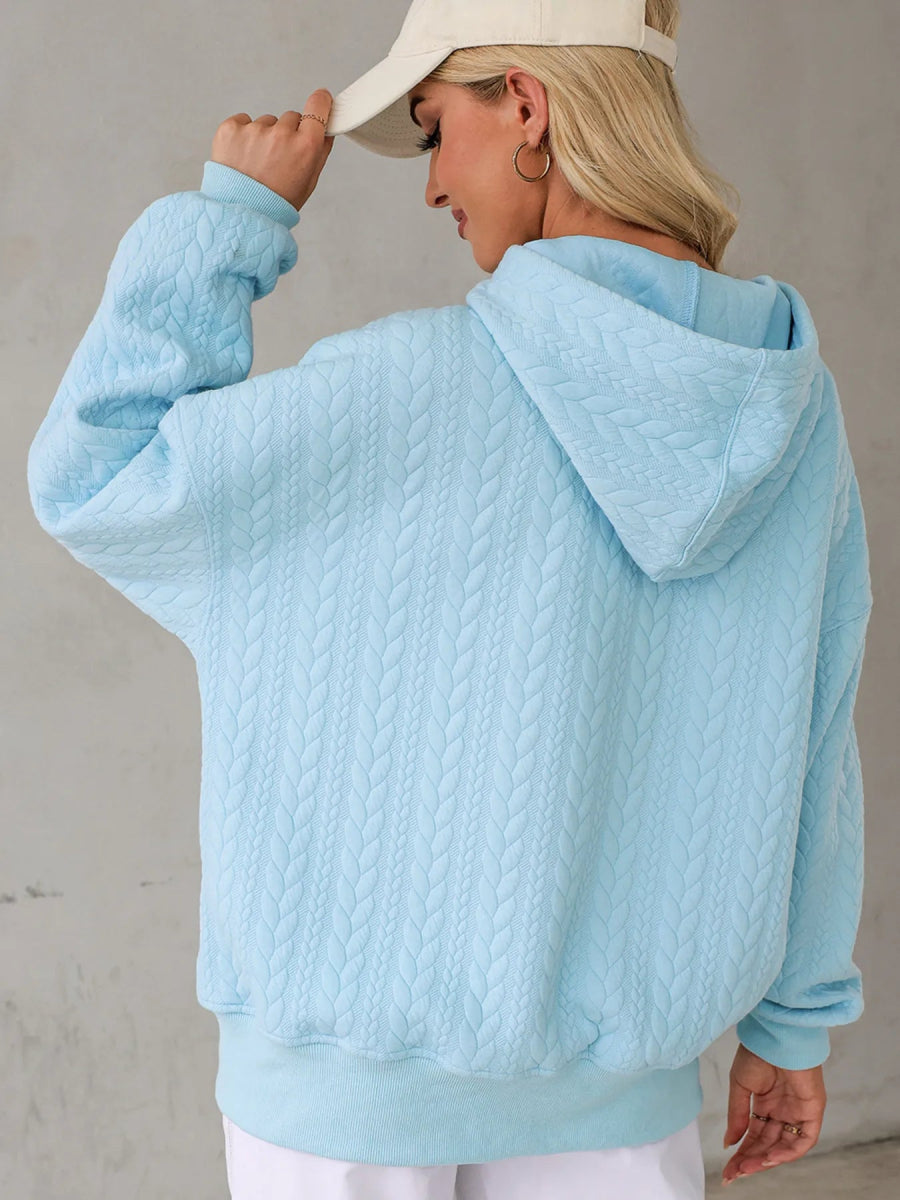 Drawstring Textured Baggy Solid Hoodie - CELIVINE