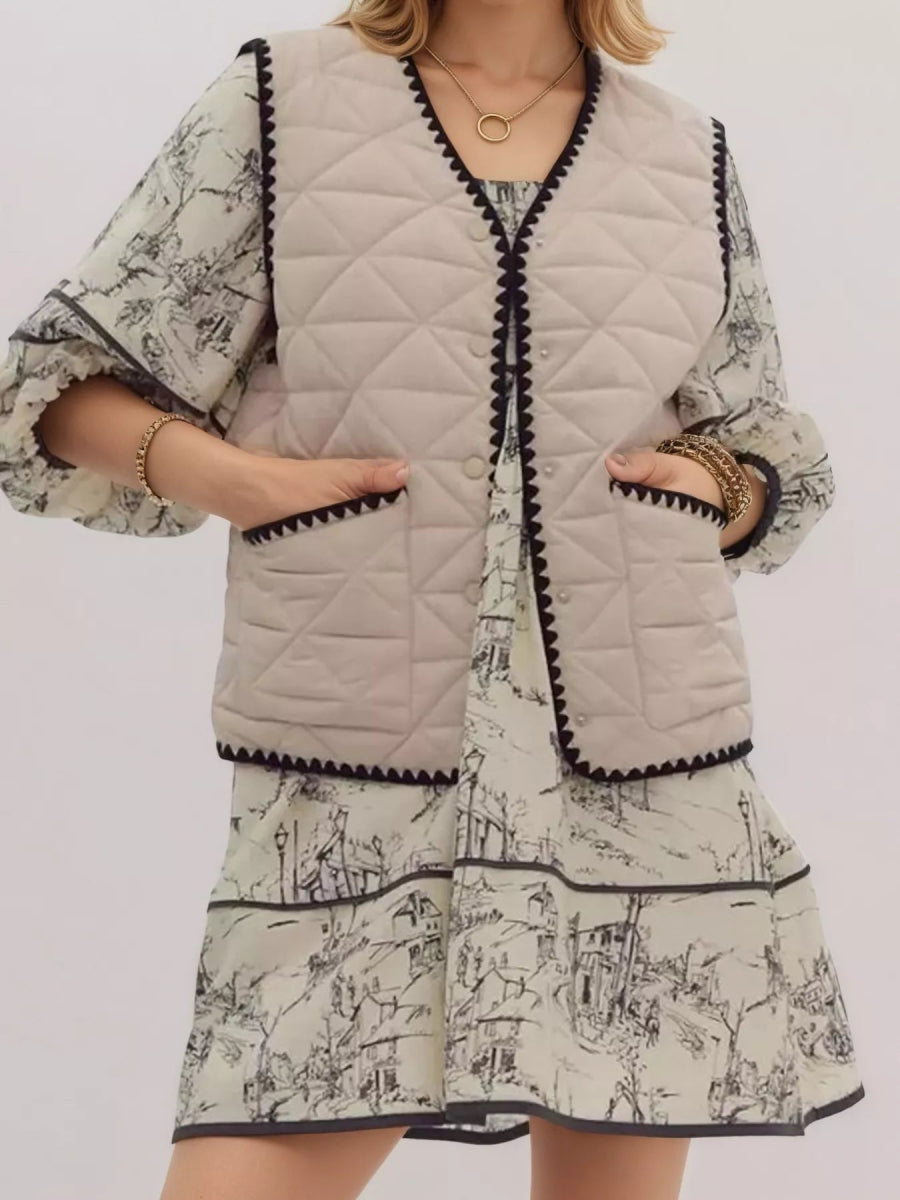 Textured Snap Down Vest Coat - CELIVINE