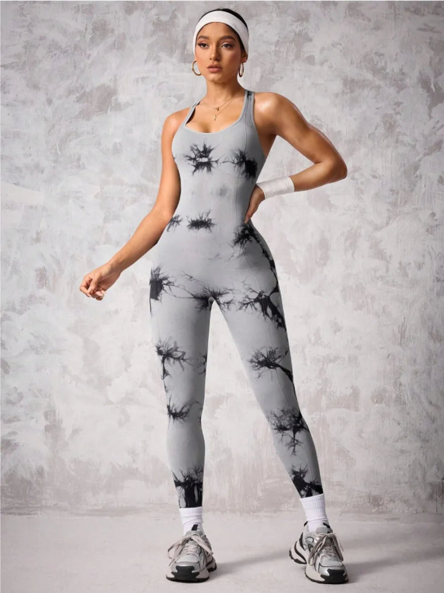 Back Crisscross Tie - Dye Scoop Neck Active Jumpsuit - CELIVINE
