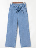 High Waisted Wide Leg Belted Jeans - CELIVINE