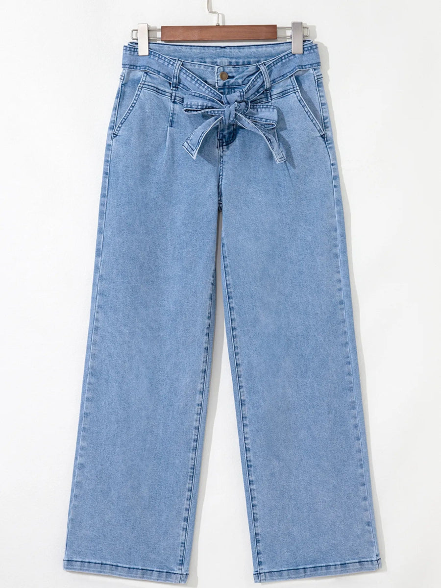 High Waisted Wide Leg Belted Jeans - CELIVINE