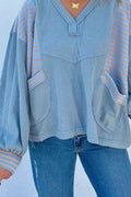 Striped Long Sleeve V - Neck Oversized Sweatshirt - CELIVINE