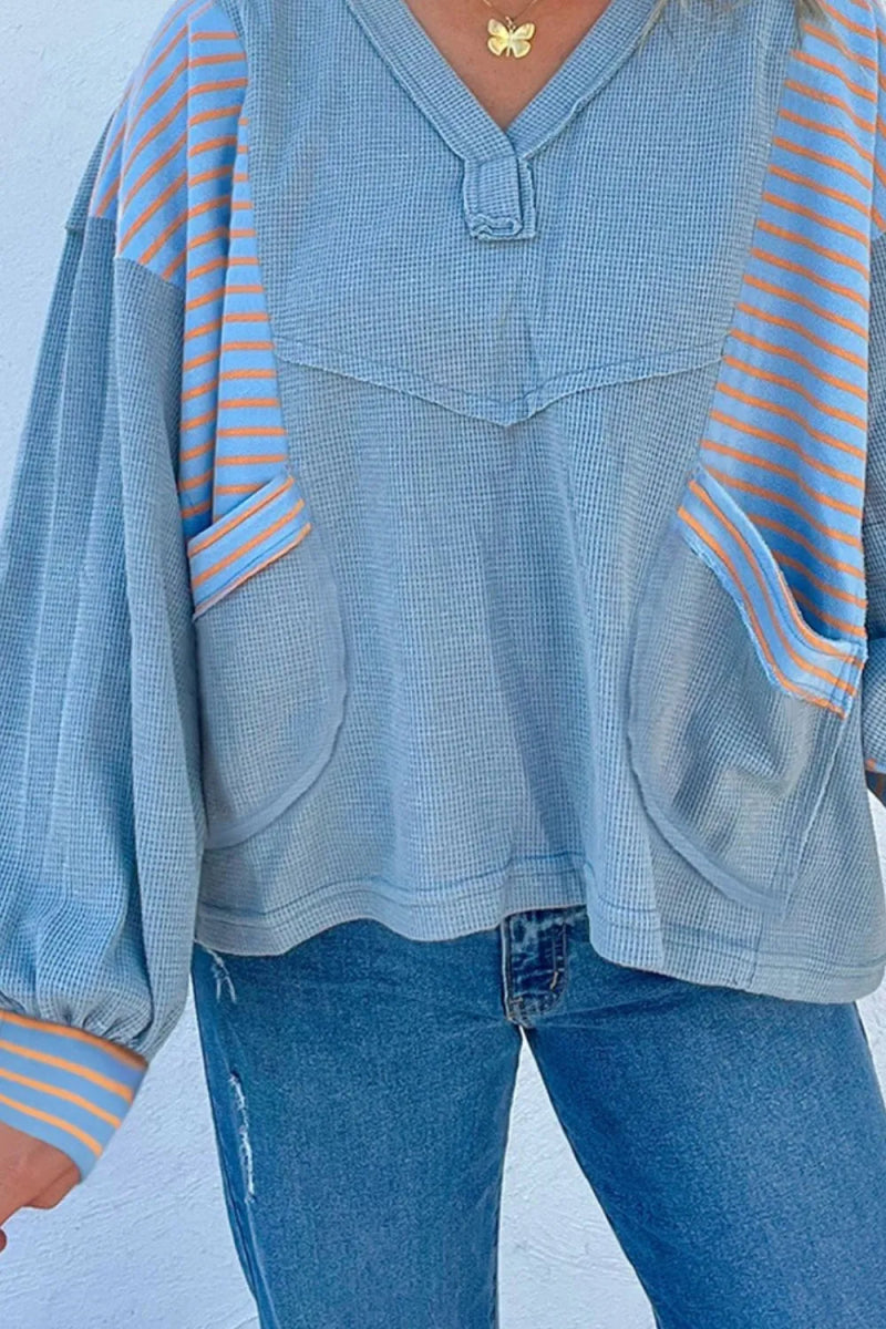 Striped Long Sleeve V - Neck Oversized Sweatshirt - CELIVINE