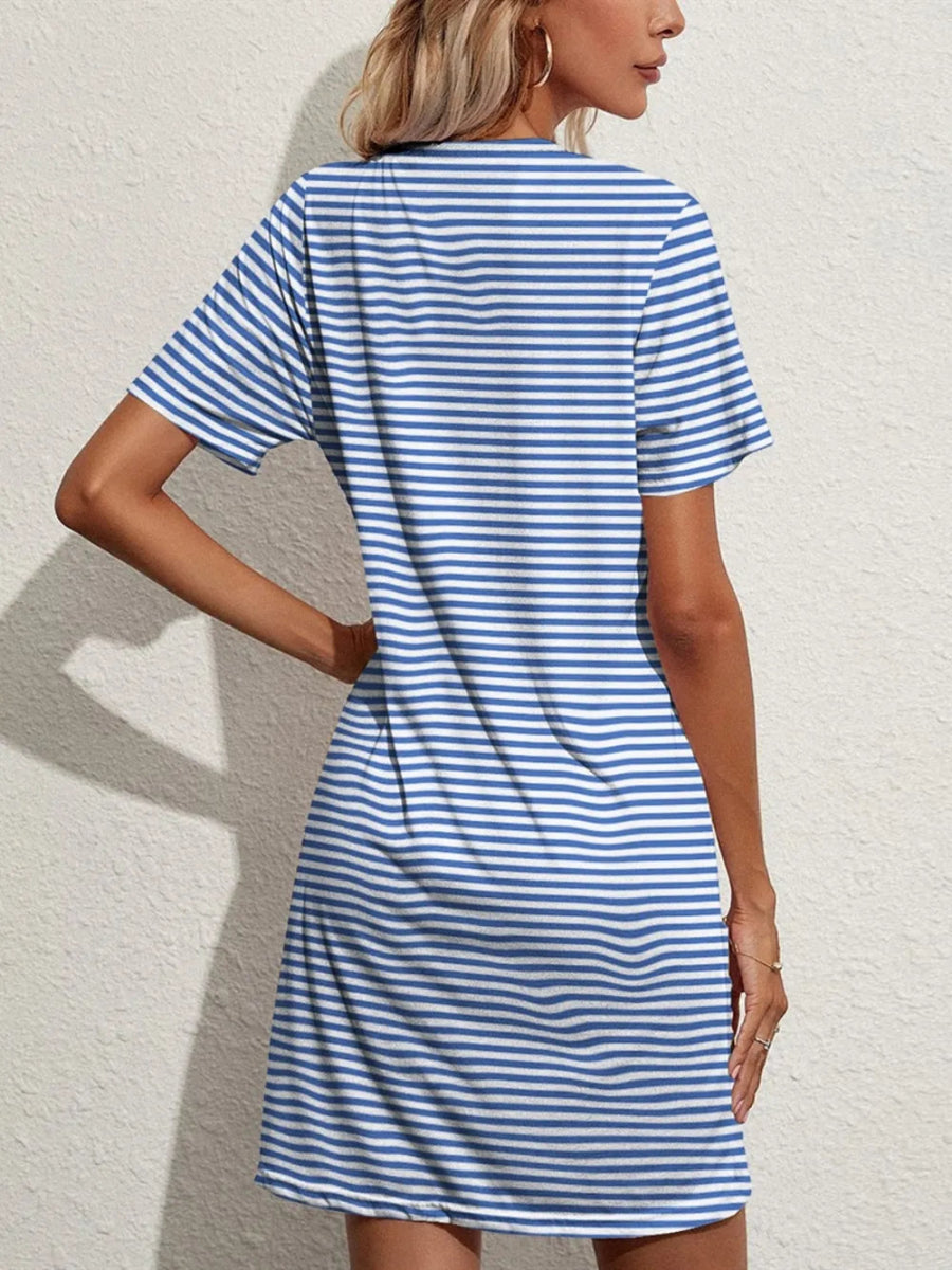 Pocketed Striped Round Neck Short Sleeve Dress - CELIVINE