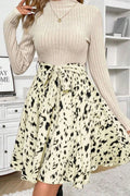Printed Tie Waist Mock Neck Long Sleeve Dress - CELIVINE