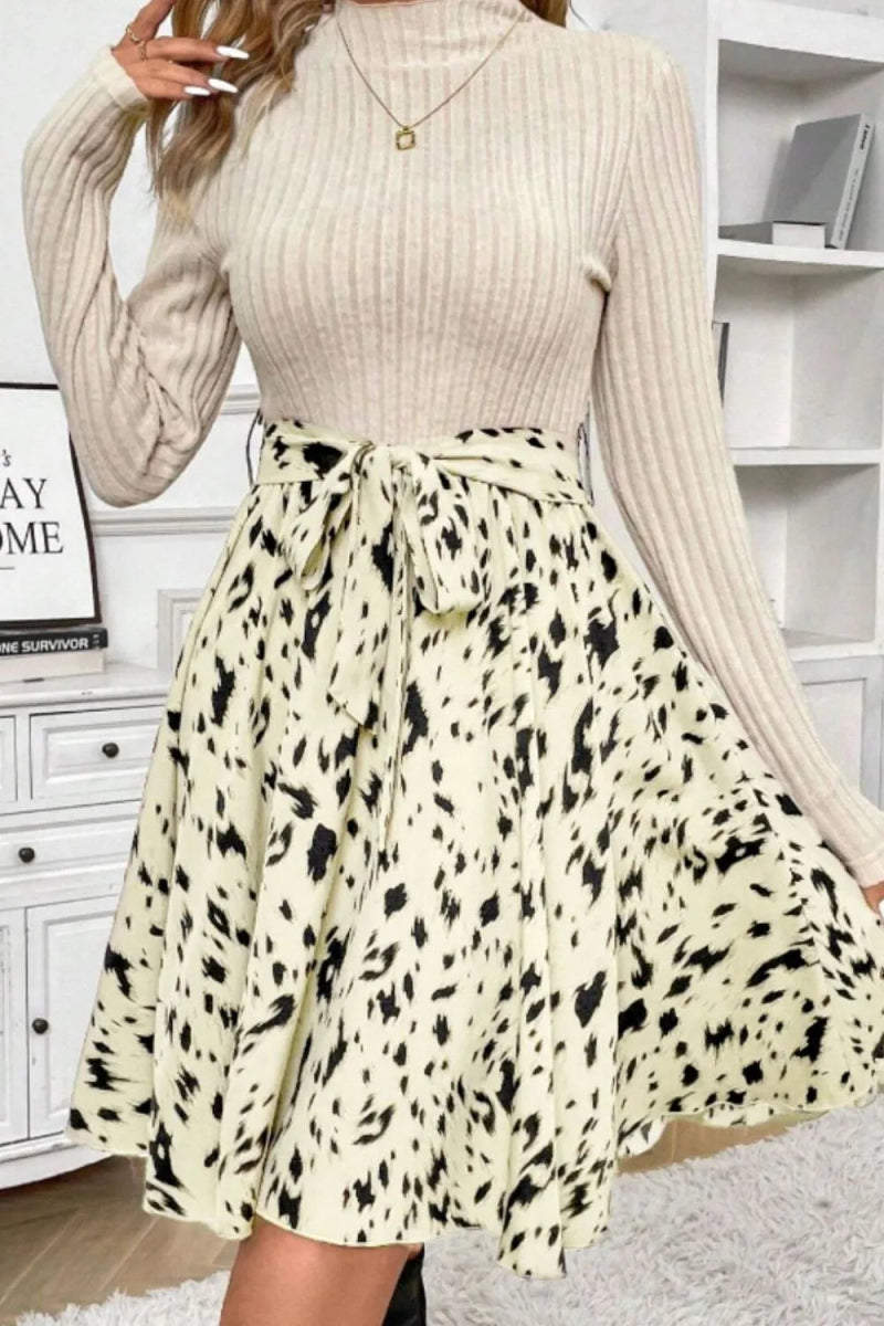 Printed Tie Waist Mock Neck Long Sleeve Dress - CELIVINE