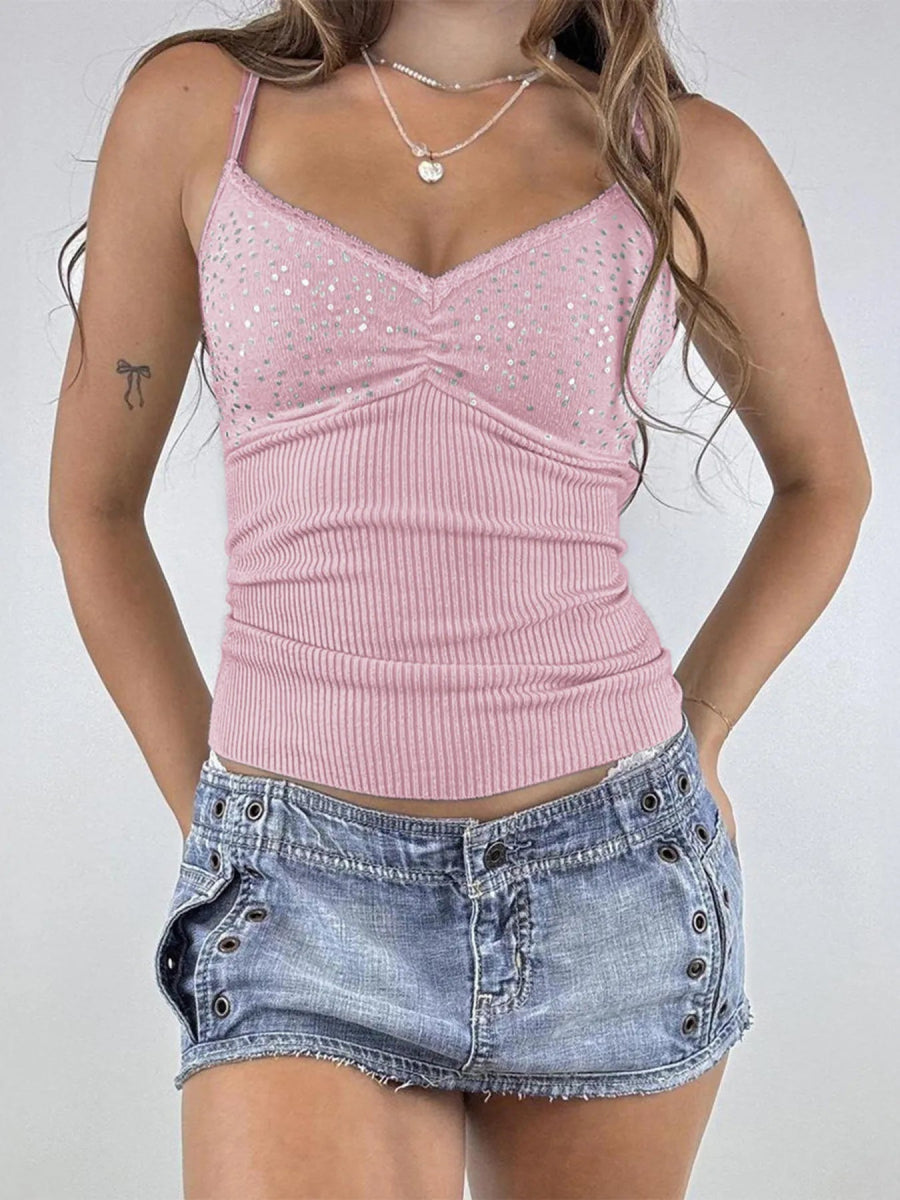 Sequin Lace Detail Cami Top - CELIVINE