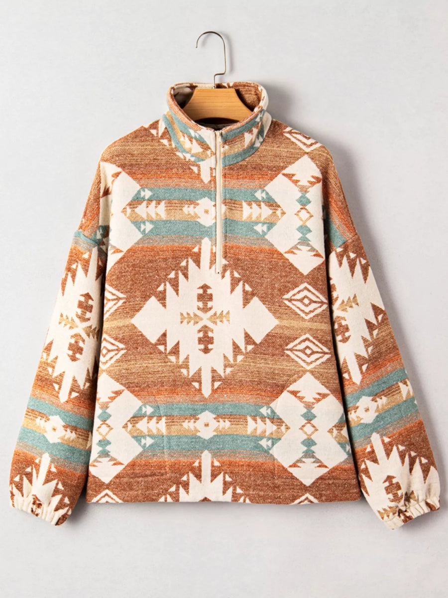 Quarter Zip Elastic Cuffs Aztec Sweatshirt - CELIVINE