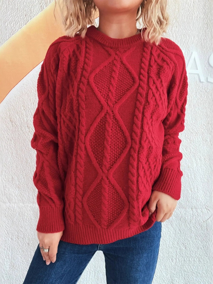 Cable Knit Long Sleeve Sweater - CELIVINE