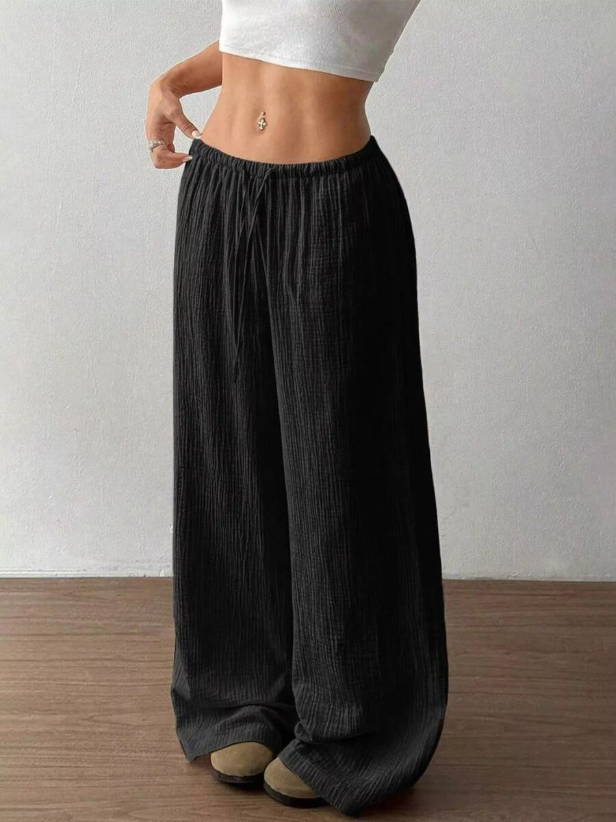 Full Size Drawstring Wide Leg Pants Plus Size - CELIVINE