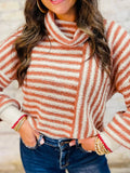 Striped Cowl Neck Long Sleeve Sweater - CELIVINE