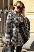 Houndstooth Tie Waist Trench Coat - CELIVINE