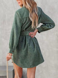 Button Front Belt Long Sleeve Corduroy Dress - CELIVINE