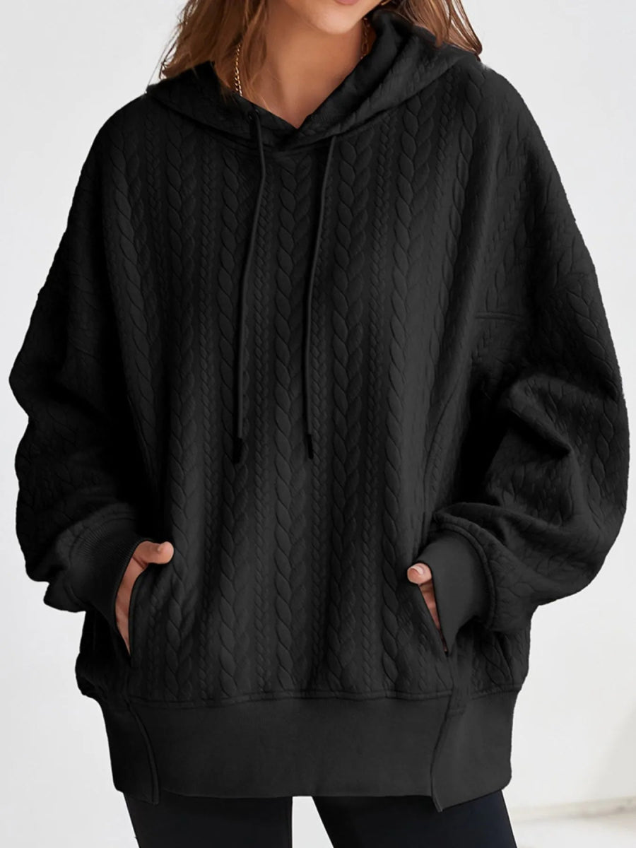 Drawstring Textured Baggy Solid Hoodie - CELIVINE