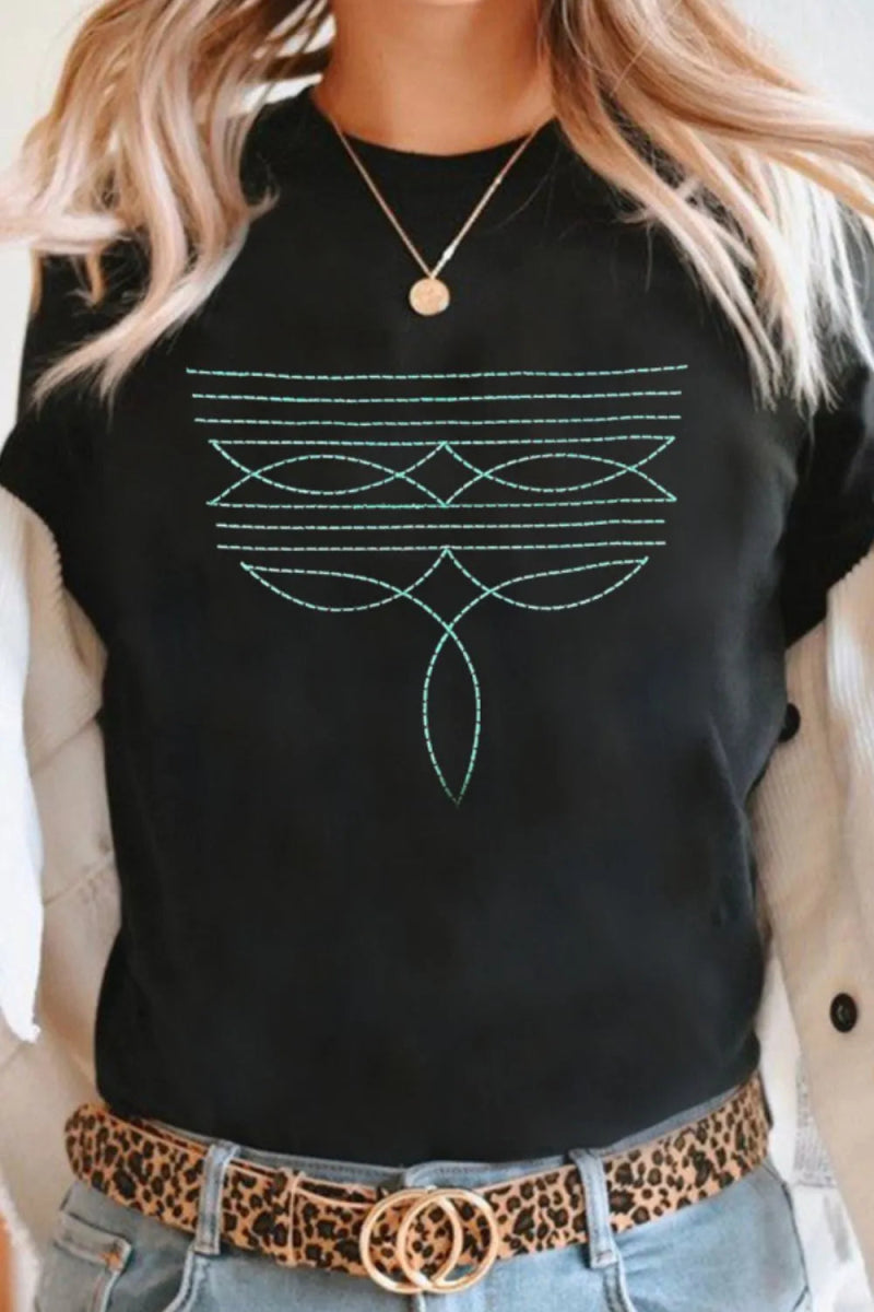 Embroidered Round Neck Short Sleeve T-Shirt - CELIVINE