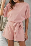 Tie Belt Short Sleeve Romper - CELIVINE