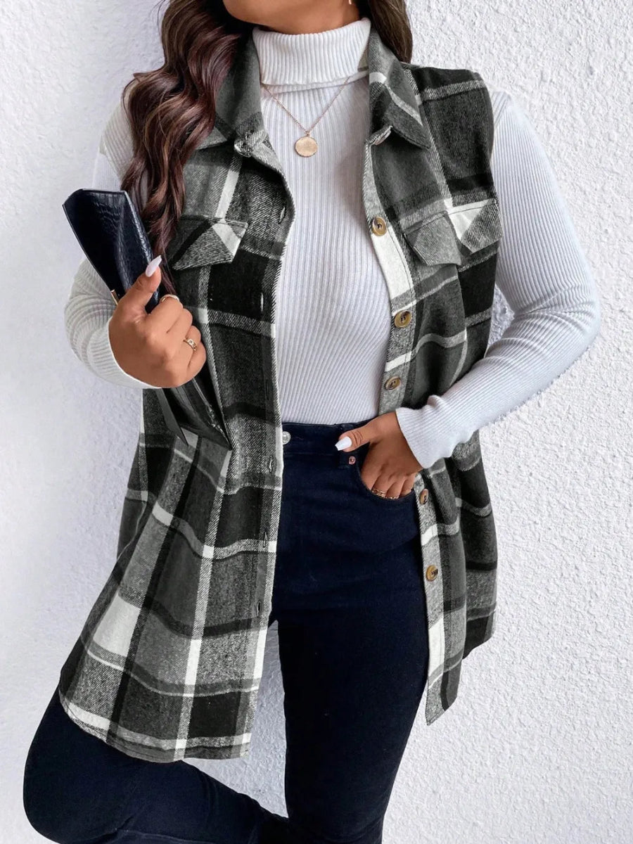 Honey Plus Size Pocketed Plaid Button Up Vest Coat - CELIVINE