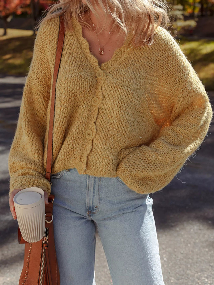 Lantern Sleeve Scallop V Neck Buttoned Front Cardigan - CELIVINE