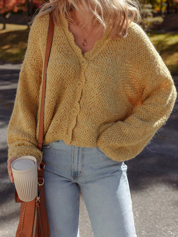 Lantern Sleeve Scallop V Neck Buttoned Front Cardigan - CELIVINE