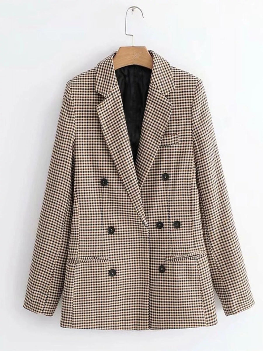 Plaid Lapel Collar Long Sleeve Blazer - CELIVINE