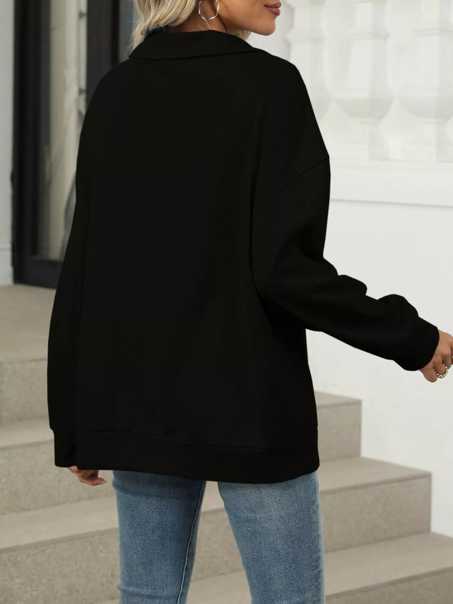 Johnny Collar Drop Shoulder Long Sleeve Sweatshirt - CELIVINE