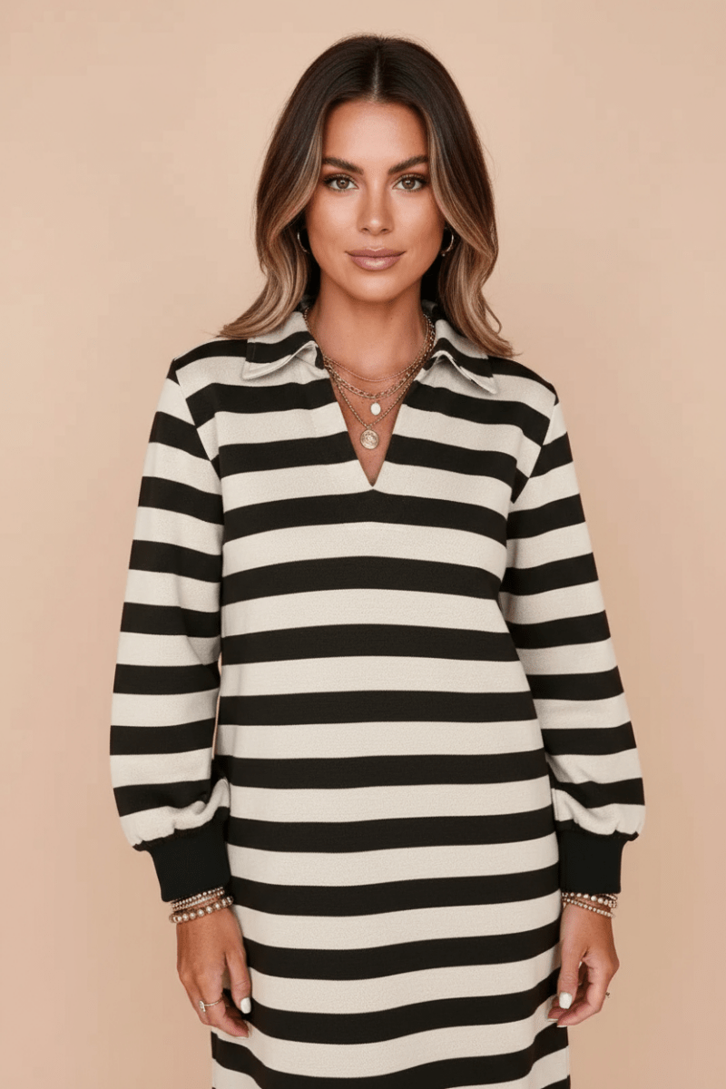 Contrast Striped Johnny Collar Long Sleeve Mini Dress - CELIVINE