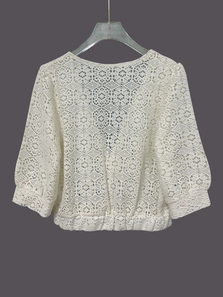 Ruched V - Neck Openwork Crop Knit Top - CELIVINE