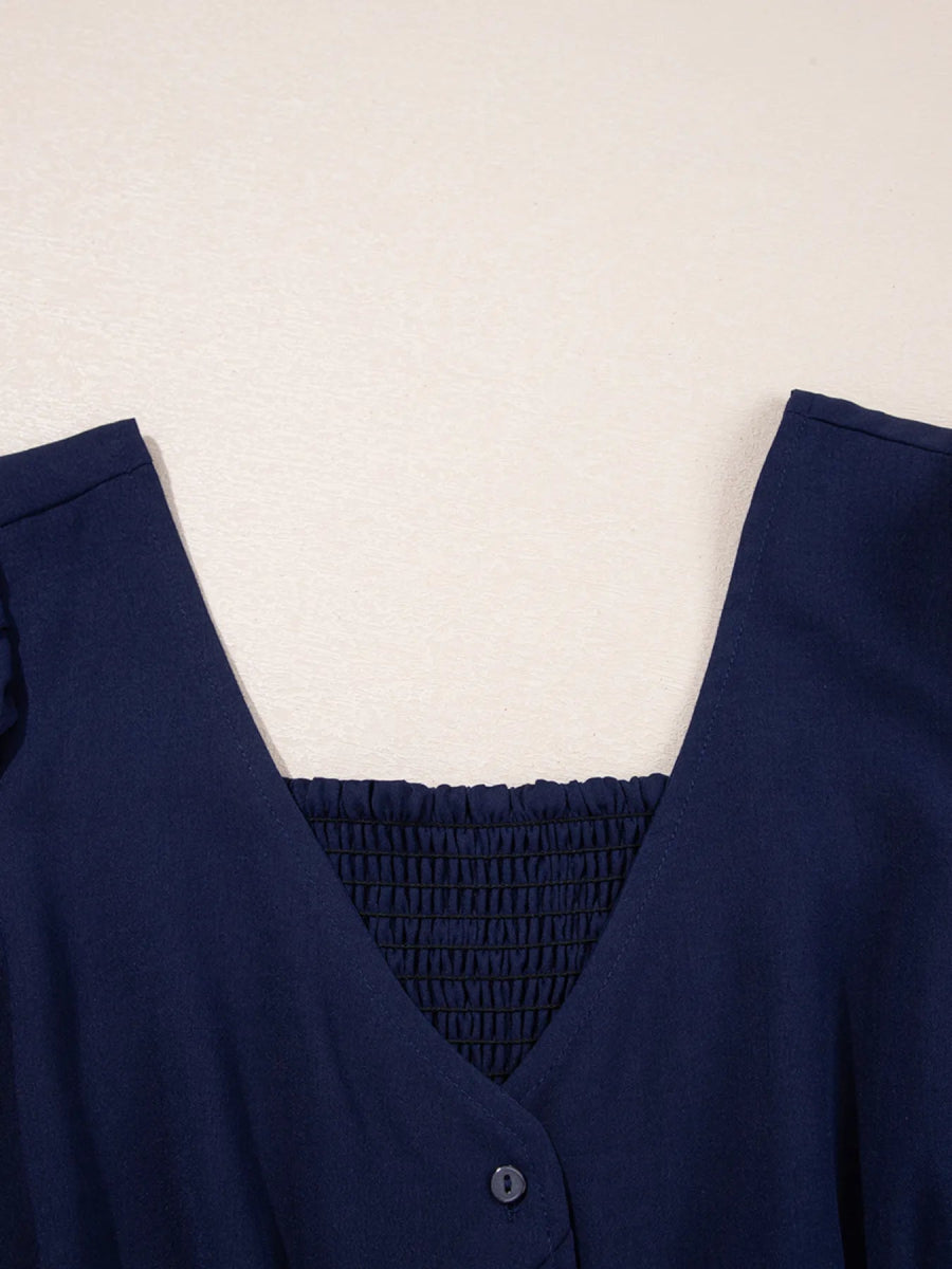 V Neck Buttoned Front Shirred Back Short Sleeve Midi Dress - CELIVINE