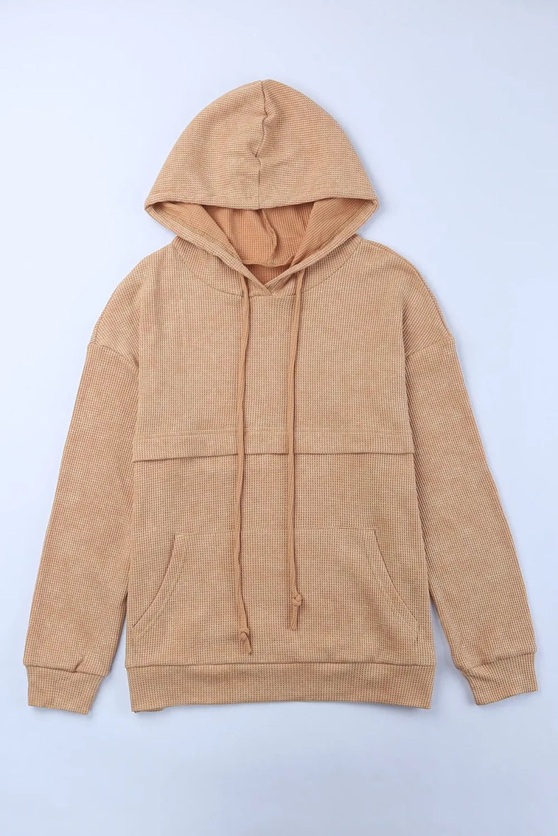 Waffle - Knit Drawstring Kangaroo Pocket Hoodie - CELIVINE