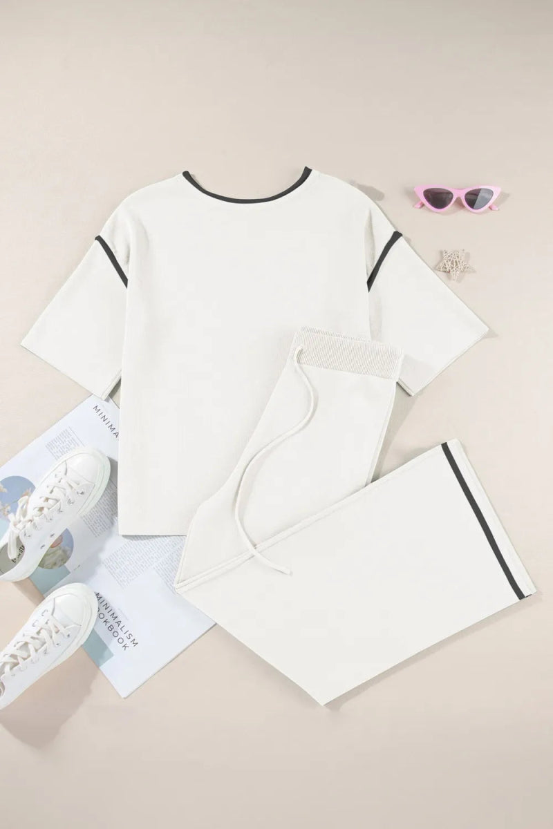 Contrast Trim Round Neck Top and Pants Set - CELIVINE