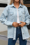Flap Pocket Raw Hem Denim Jacket - CELIVINE