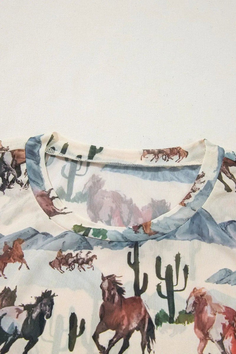 Western Fashion Mustang River Printed Mesh T Shirt - CELIVINE