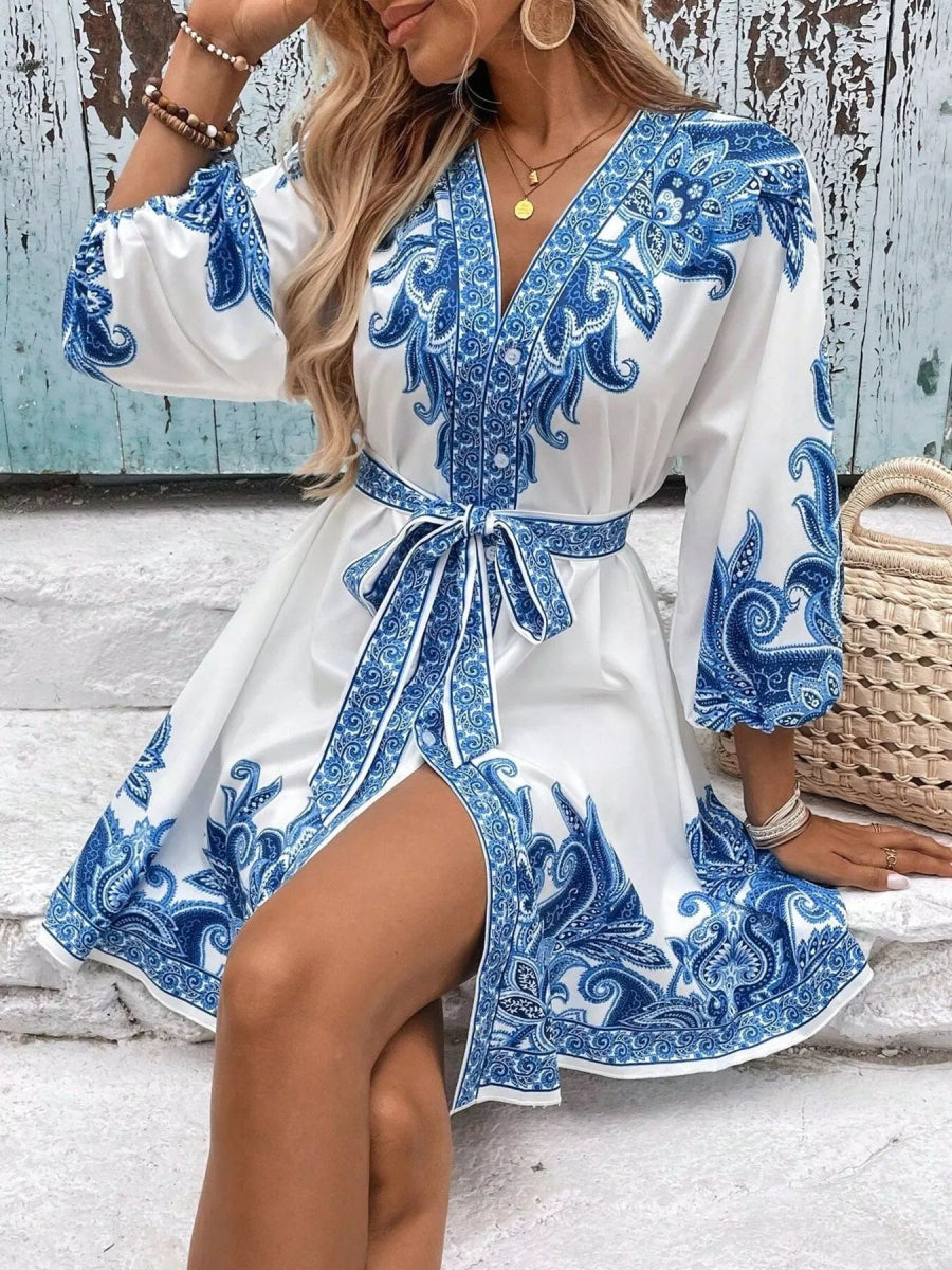 Printed Balloon Sleeve Mini Dress - CELIVINE