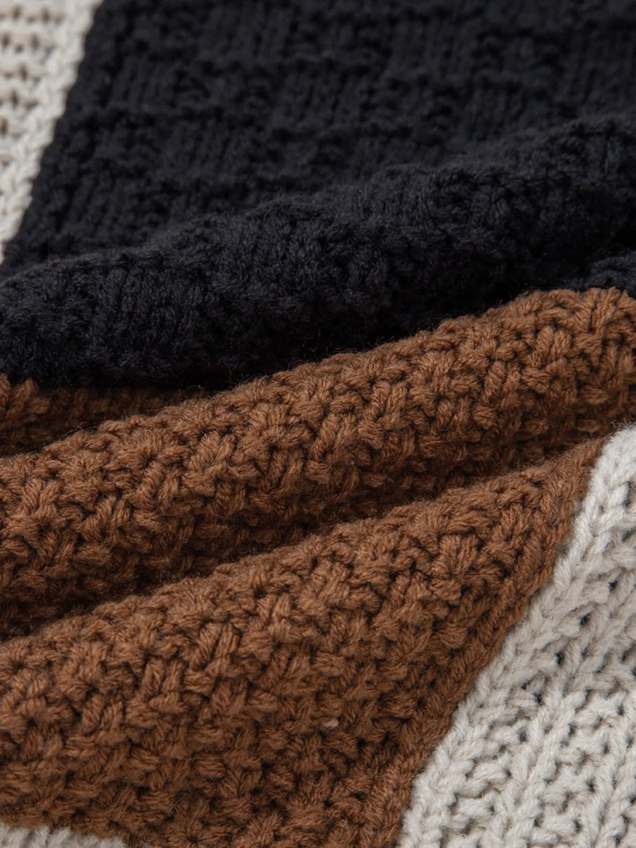 Multicolour Color Block Cable Knit Sleeve Buttons Collared Sweater - CELIVINE