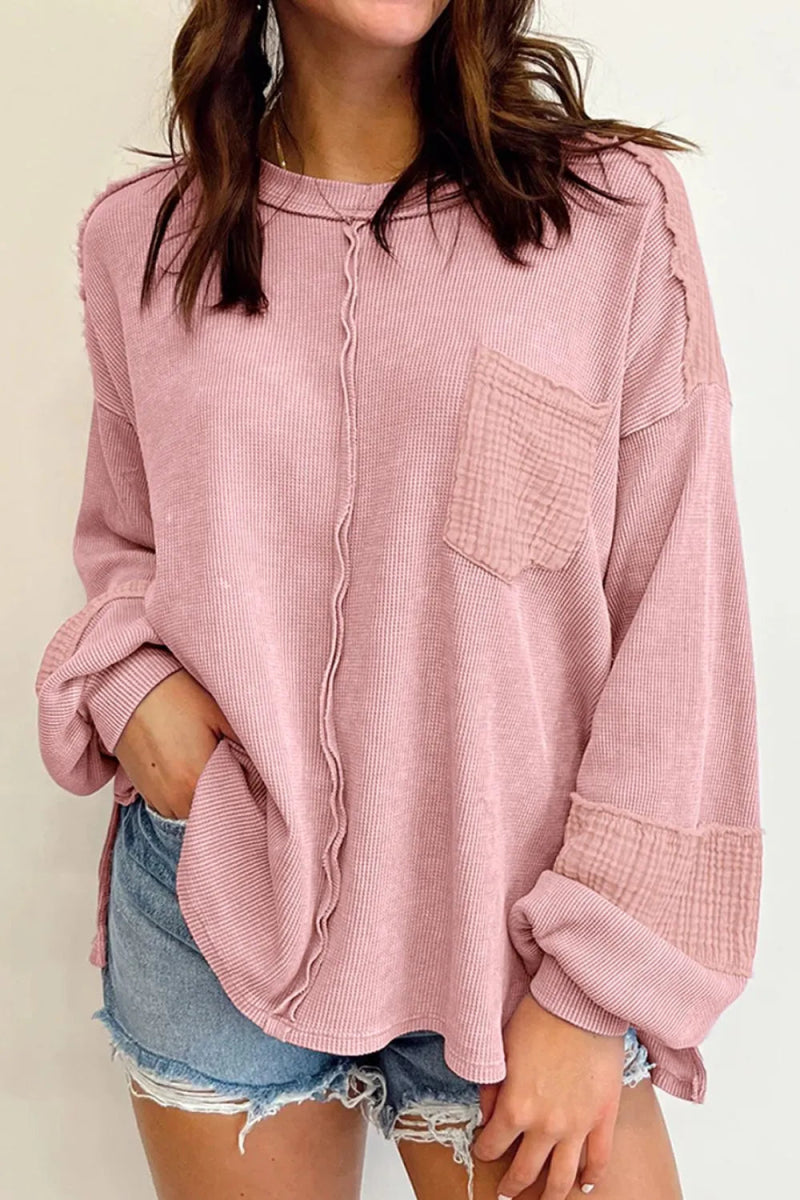 Exposed Seam Round Neck Long Sleeve Sweatshirt - CELIVINE
