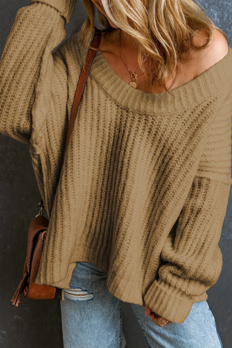 Ribbed Round Neck Dropped Shoulder Sweater - CELIVINE