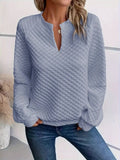 Quilted Texture Long Sleeve Sweatshirt with Notched Neck - CELIVINE