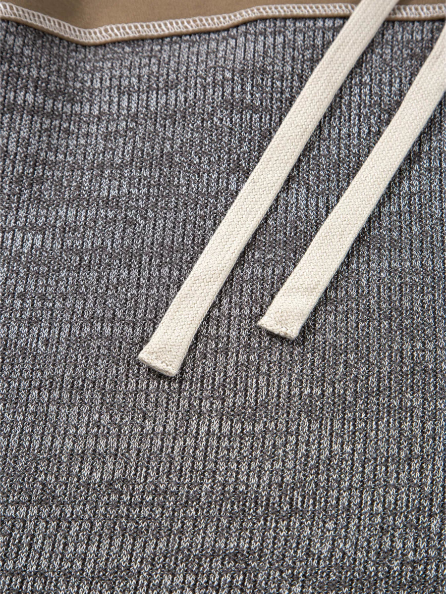 Mixed Texture Patchwork Exposed Seam Half Button Hoodie - CELIVINE