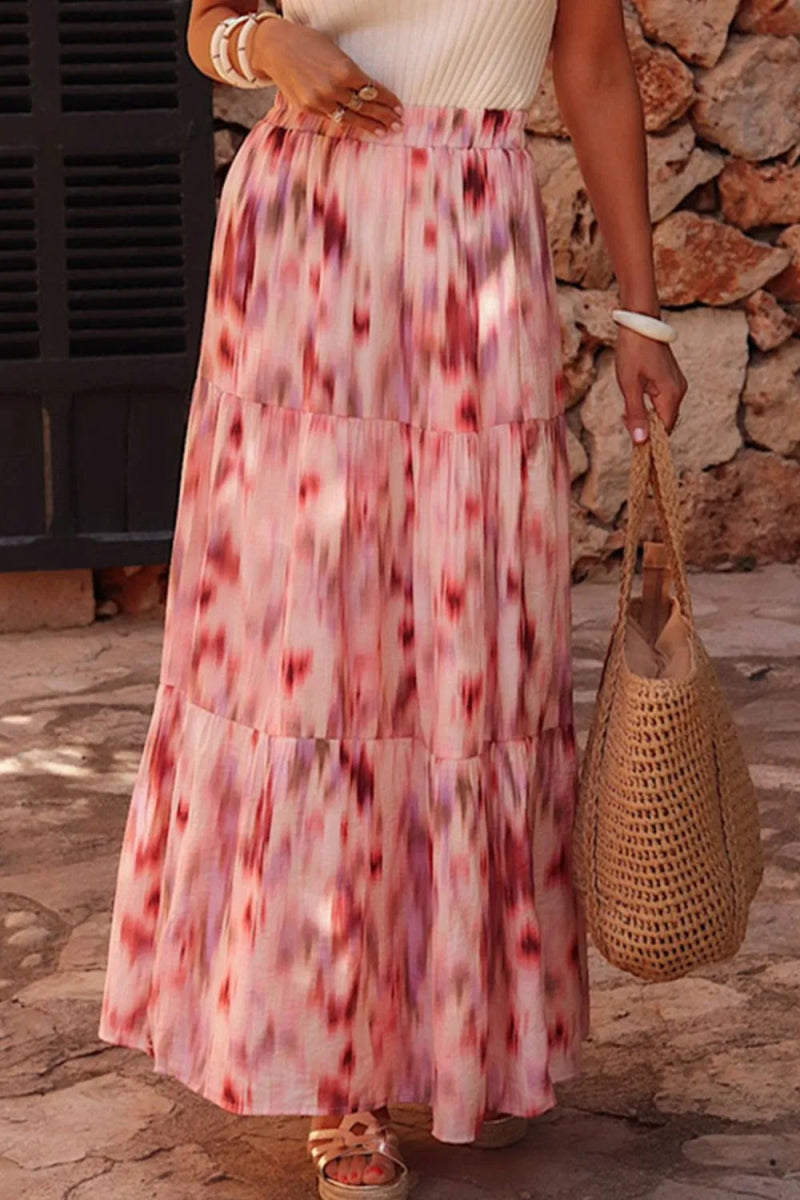 Tiered Printed Elastic Waist Skirt - CELIVINE
