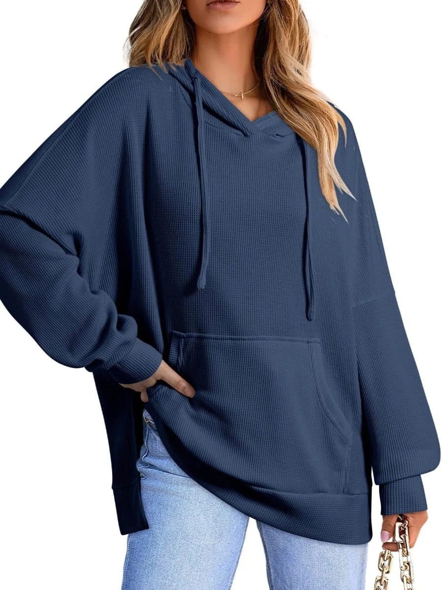 Slit Drawstring Waffle Knit Hoodie - CELIVINE