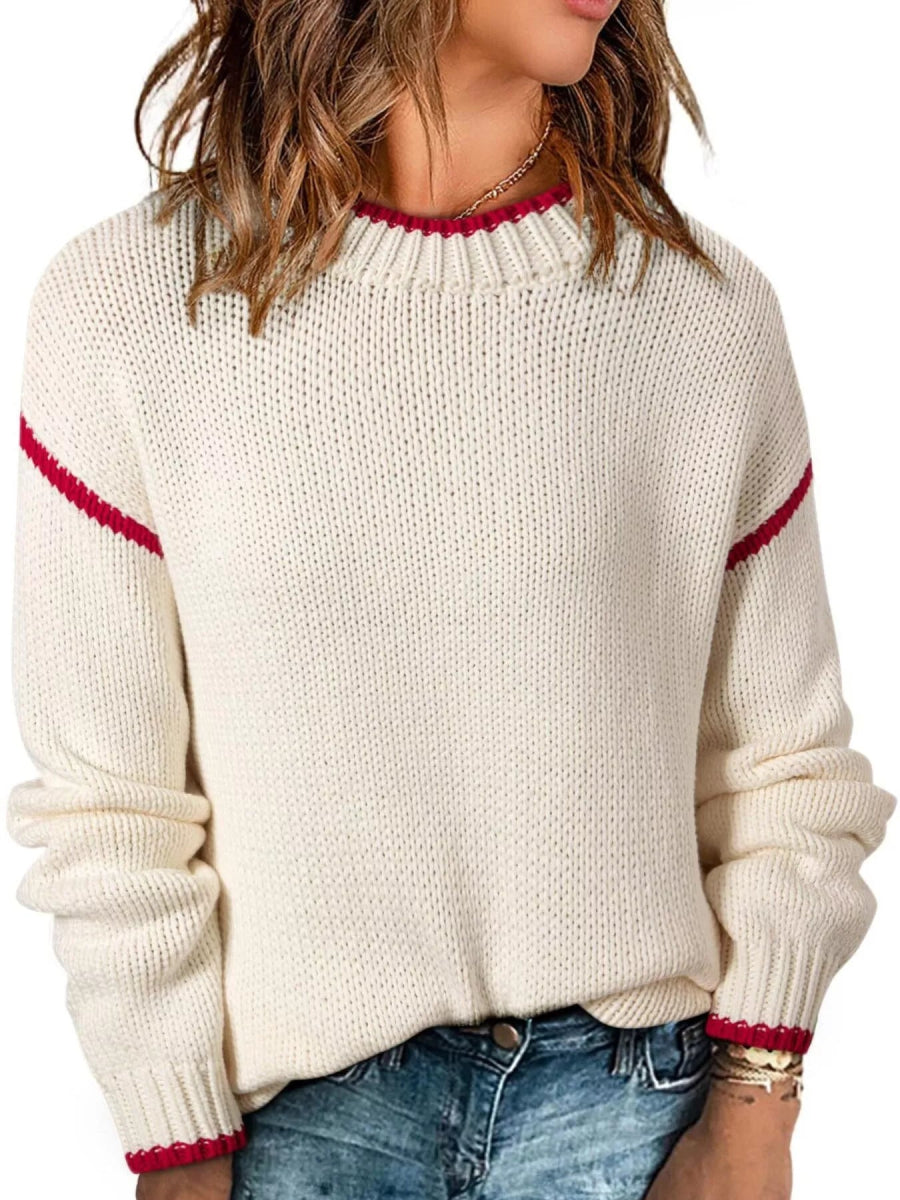 Contrast Trim Long Sleeve Sweater - CELIVINE