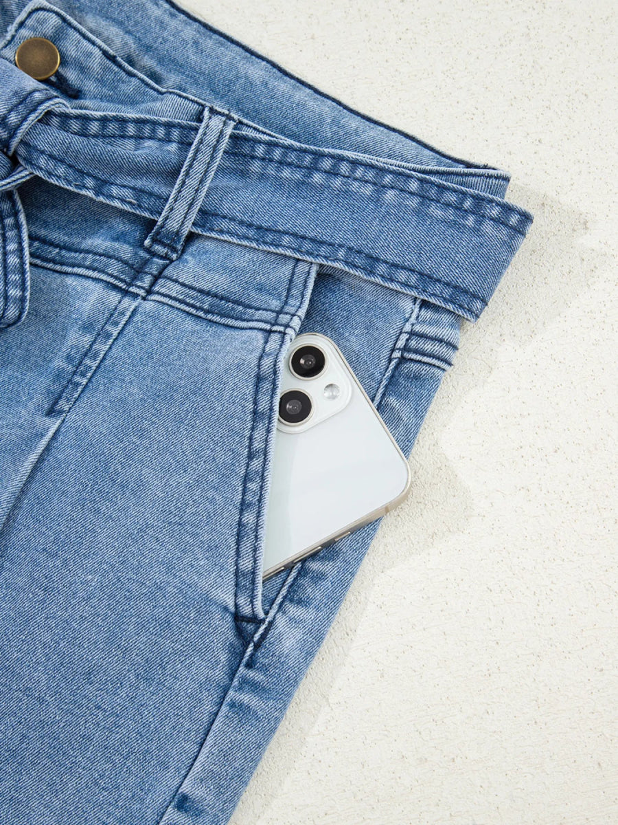 High Waisted Wide Leg Belted Jeans - CELIVINE