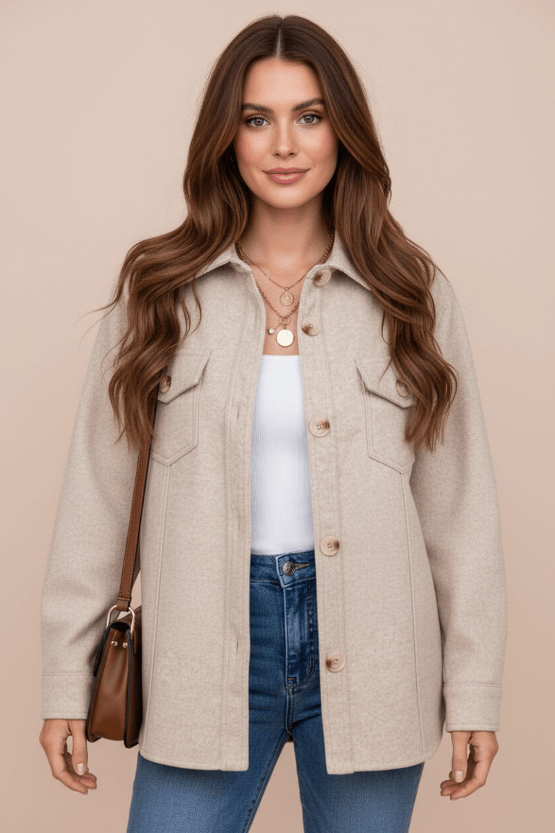 Button Up Collared Neck Long Sleeve Jacket - CELIVINE