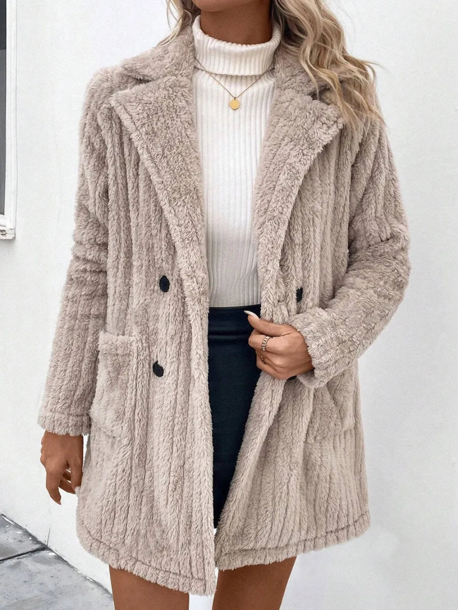 Fuzzy Button Up Long Sleeve Coat with Pockets - CELIVINE