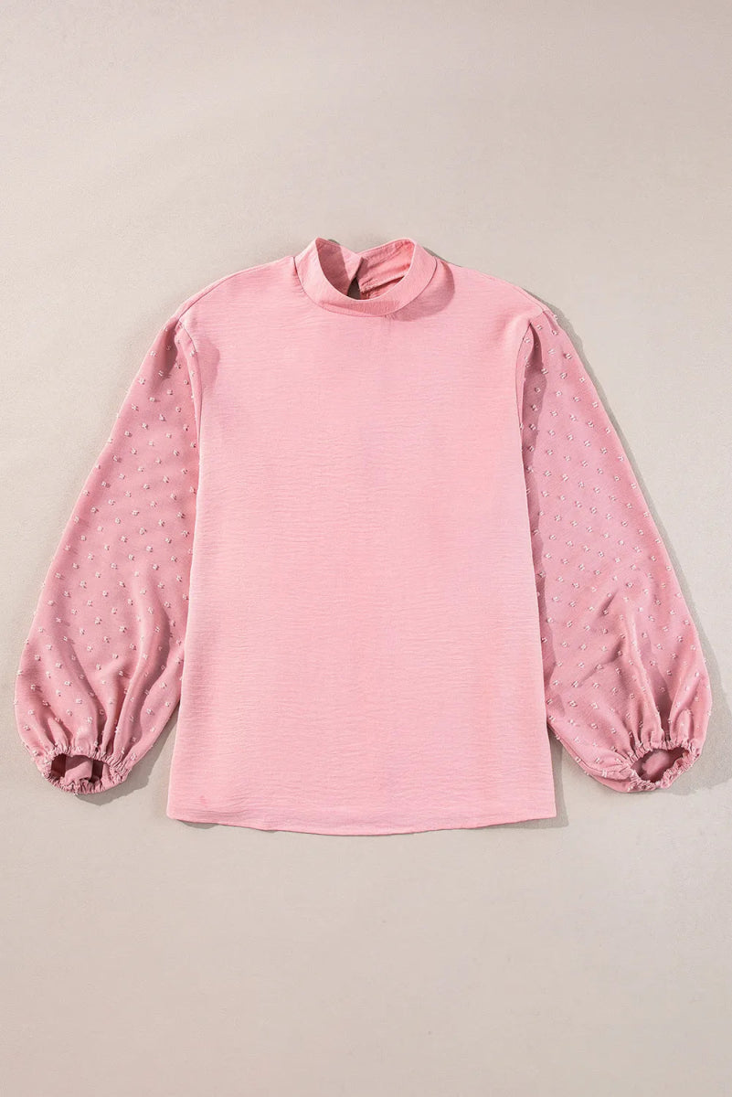 Swiss Dot Mock Neck Balloon Sleeve Blouse - CELIVINE