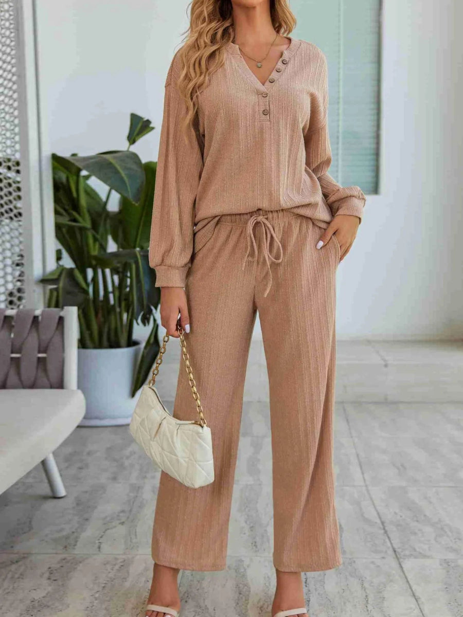 Ribbed Knit Top and Pants Lounge Set with Button Detail - CELIVINE