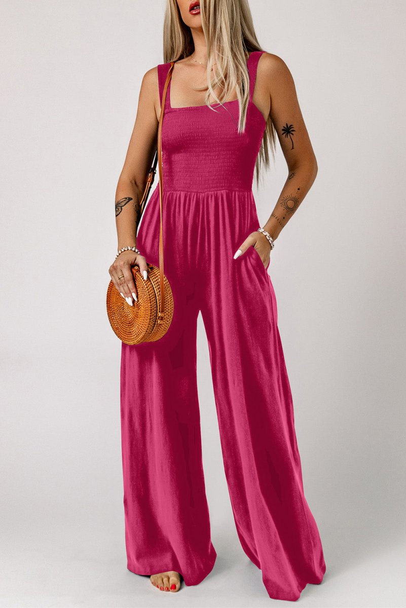 Smocked Square Neck Wide Leg Jumpsuit with Pockets - CELIVINE