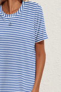 Pocketed Striped Round Neck Short Sleeve Dress - CELIVINE